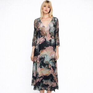 Komarov size Large Printed Charmeuse Midi dress Lace 3/4  Sleeves